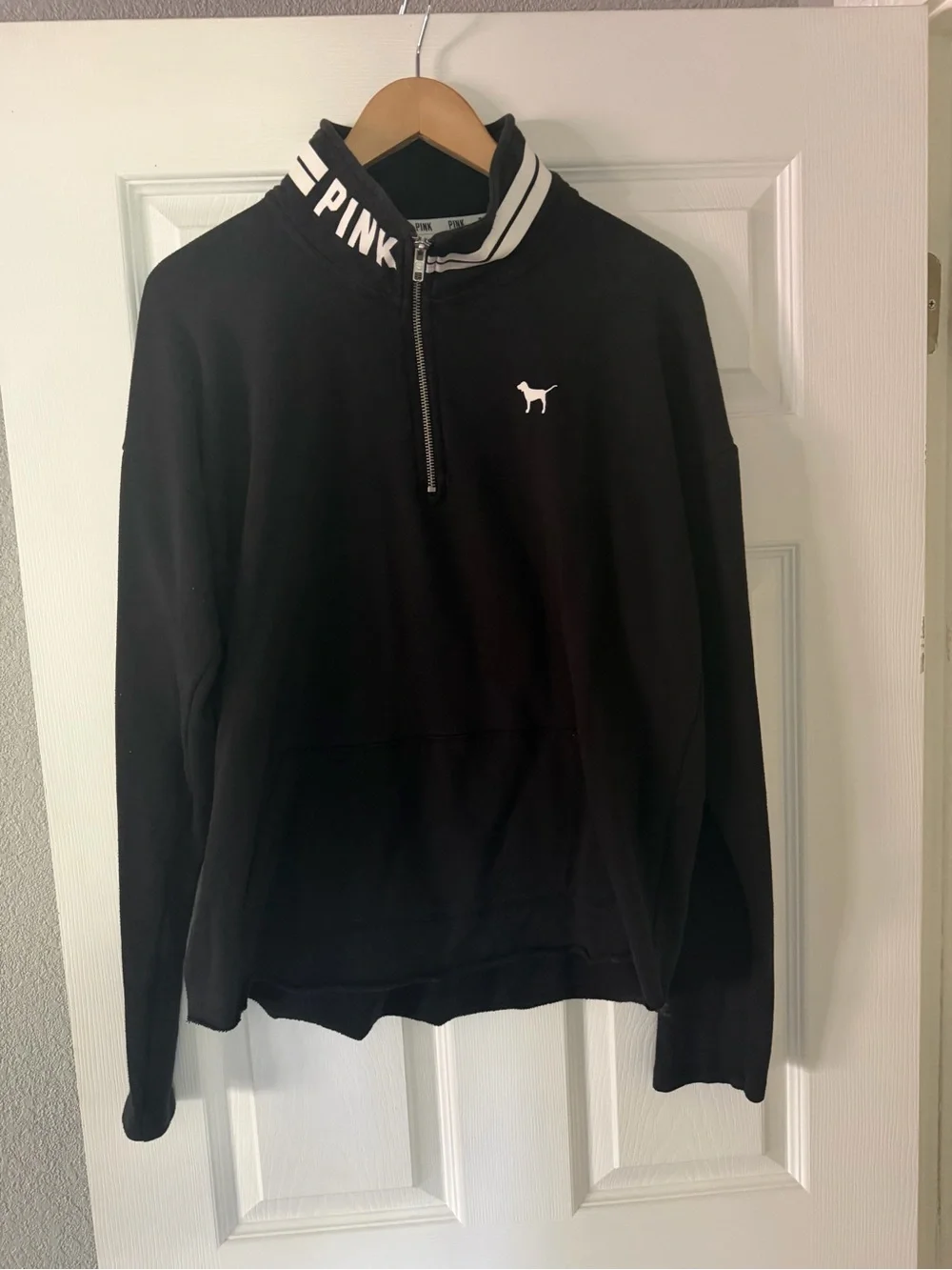 PINK Victoria's Secret Black Half-Zip Pullover with Kangaroo Pocket, Collar - Picture 1 of 6